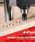 22-Piece Countersink Drill Bit Set With Wood Plug Cutters used on wood beam, visible drill bit close-up
