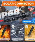 30 Piece Solar Crimping Tool Kit With Wire Stripper, 25 Pairs Solar Connectors, Durable Suitcase, And 2 Spanner Wrenches, showing waterproof IP68 solar connector with flame retardant, anti-static, dustproof features.