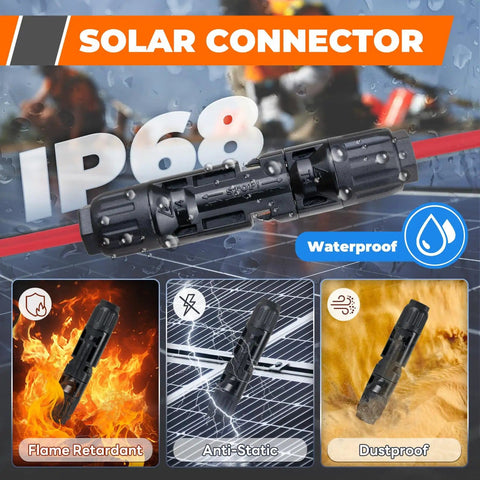 30 Piece Solar Crimping Tool Kit With Wire Stripper, 25 Pairs Solar Connectors, Durable Suitcase, And 2 Spanner Wrenches, showing waterproof IP68 solar connector with flame retardant, anti-static, dustproof features.
