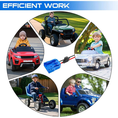 Beefed Up Power Ride Wheel Adapter For Kobalt 24V Battery with Fuse in use with various ride-on RC toys and cars.