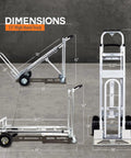 Convertible Hand Truck 3 In 1 Dolly With Extendable Loop Beveled Nose Plate And Ergonomic Handle Heavy Duty Aluminum Frame 750 Lb Capacity 53 Inch High Versatile Moving Dolly Converts Between 2 Wheel 4 Wheel Platform Cart In Three Positions, showing dimensions.
