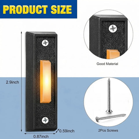 Lighted Wired Doorbell Button With LED Glow For Garage And Home Entry Easy Install No Brainer Wall Mounted Push Button Replacement Compatible With Most Low Voltage Chimes And Transformers Black Warm Light, showing dimensions and mounting screws.