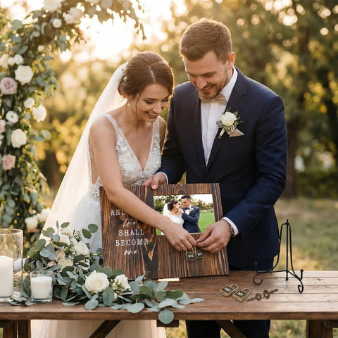 Couple holding Top Tier Wooden Picture Frame For Wedding Unity Ceremony With Sweet Retro Love Locks And Keys Fits 4X6 Photos.