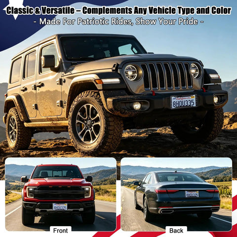 Patriotic Stainless Steel License Plate Frames 2 Pack With USA Flag Design Rustproof Car Tag Covers on various vehicles