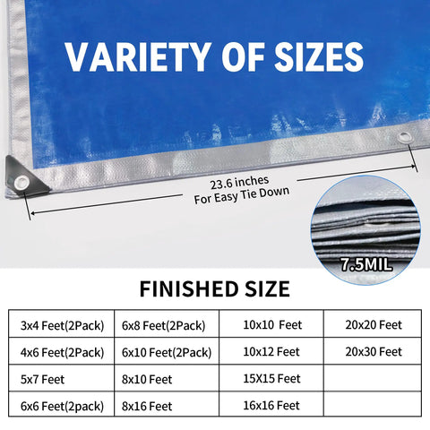 Close-up of Two Pack 3 By 4 Feet Waterproof Tarp Set 7.5 Mil Heavy Duty Poly Tarpaulin with size chart and reinforcement details