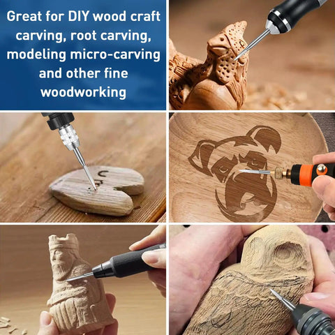 Six Piece Wood Carving Drill Bit Set For Rotary Tools With 1/8 Inch Shank shown in use for wood engraving and micro carving