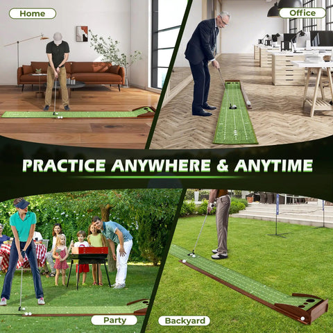 Pro Grade Indoor Outdoor Golf Putting Mat With Automatic Ball Return System used in home, office, party, and backyard settings
