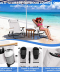 Premium Portable Camping Chair With 5-Position Recliner, Lightweight Folding Outdoor Seat With Wooden Armrests And Headrest, Multi Pockets, Cream White on a beach