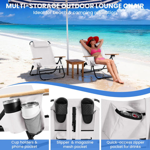 Premium Portable Camping Chair With 5-Position Recliner, Lightweight Folding Outdoor Seat With Wooden Armrests And Headrest, Multi Pockets, Cream White on a beach