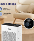 Large Room Air Purifier With HEPA H13 Filtration And Washable Filter For Pet Hair Odor Dust Smoke Covers Up To 1095 Sq Ft Sleep Mode And Timer Ideal For Bedroom Living Room showing timer settings in a living room