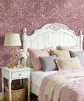 Totally Fresh Mauve Pink Chunky Glitter Peel And Stick Wallpaper For Accent Walls And Vanity Backsplash Premium Self Adhesive Fabric Vinyl Room Decor Slays Hard in bedroom setting with pillows and lamp.