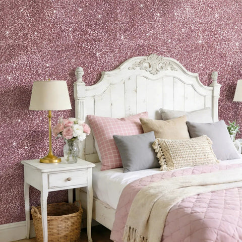 Totally Fresh Mauve Pink Chunky Glitter Peel And Stick Wallpaper For Accent Walls And Vanity Backsplash Premium Self Adhesive Fabric Vinyl Room Decor Slays Hard in bedroom setting with pillows and lamp.