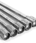 Close-up of Five Piece Diamond Burrs Set for Rotary Tools with 4mm cylinder head and 2.35mm shank, diamond-coated for detailed work.