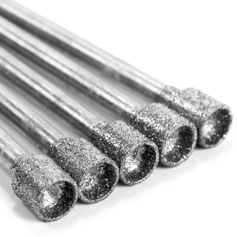 Close-up of Five Piece Diamond Burrs Set for Rotary Tools with 4mm cylinder head and 2.35mm shank, diamond-coated for detailed work.