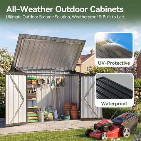 Heavy Duty 35 Cu Ft Outdoor Storage Box With Hydraulic Lift Lid And Lockable Doors shown in garden setting