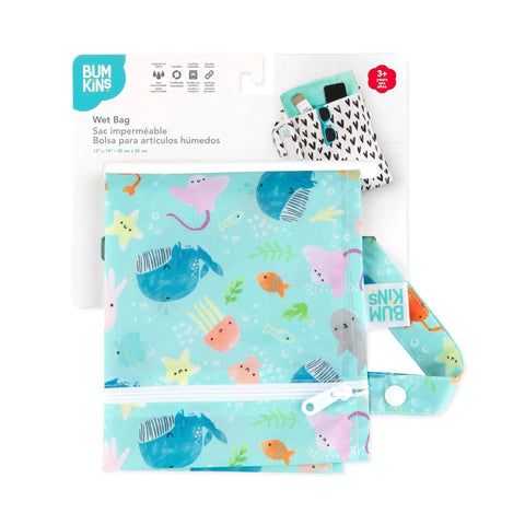 Waterproof Wet Dry Bag For Travel And Baby Gear, Mom Tested Reusable Zipper Pouch, Ocean Life Blue design, 12x14 inches