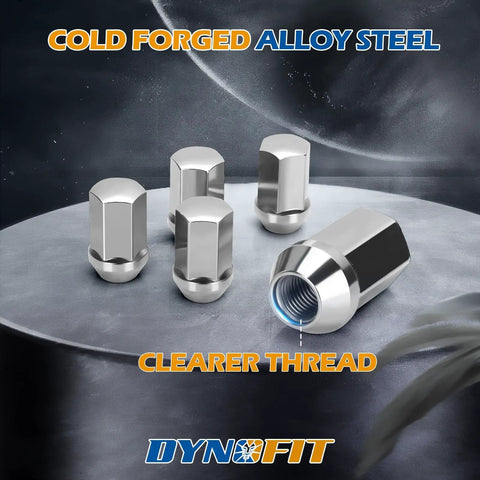 24 Piece Lug Nut Set 14x1.5 For Chevy Ford Ram GMC Fits Silverado Tahoe F150 Wrangler Gladiator Durango Colorado Suburban And More One Piece Chrome Wheel Nuts With Seven Eighths Hex And 60 Degree Conical Seat showcasing cold forged alloy steel and clearer thread details