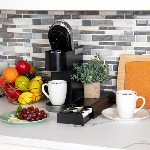 Countertop with Single Serve Coffee Pod Organizer Drawer For Grab And Go Mornings Holds 12 Pods Black Finish under coffee machine