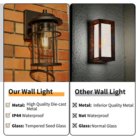 Comparison of durable outdoor wall lights for house exterior with seeded glass, highlighting material and weatherproof features.