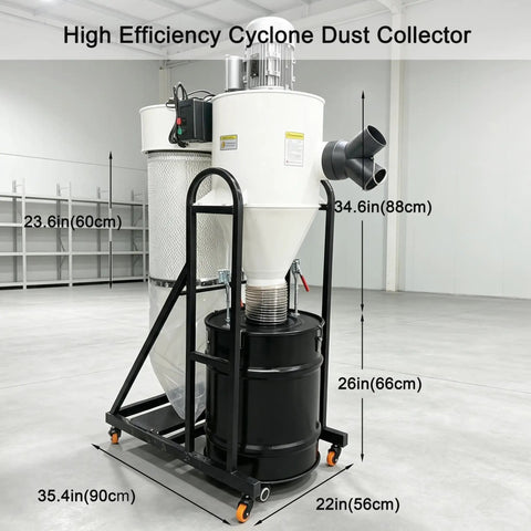 No Nonsense Heavy Duty Cyclone Dust Collector Dual Inlet Shop Woodchip Separators 100 Gallon with black steel barrel and dual outlet.