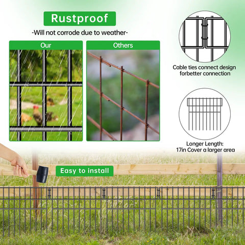 Dog Proof No Dig Fence For Yard And Garden, 28 Panels Spanning 39.5 Feet, 13 Inch High Rustproof Metal Barrier With A 1.52 Inch Gap, Keeps Pups Safe, Easy installation demo showing rustproof features and cable ties.