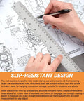 Workhorse Stainless Steel Ruler with Non Slip Cork Back in use for precise architecture drafting, 12 inch scale visible