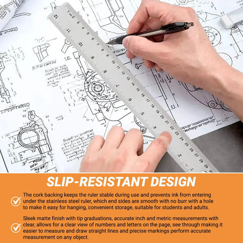 Workhorse Stainless Steel Ruler with Non Slip Cork Back in use for precise architecture drafting, 12 inch scale visible