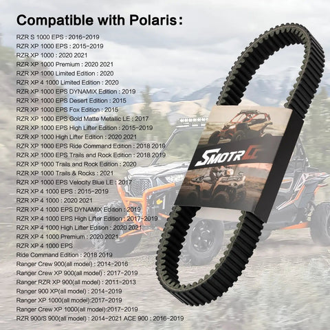 Heavy Duty CVT Drive Belt For RZR XP 900 1000 XP4 General XP 1000 Ranger showing packaging and compatibility list 2011-2023