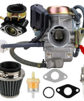 GY6 Carburetor PD24J 24mm for 125cc to 150cc 4 stroke engines with electric choke, air filter, spark plug, intake manifold.