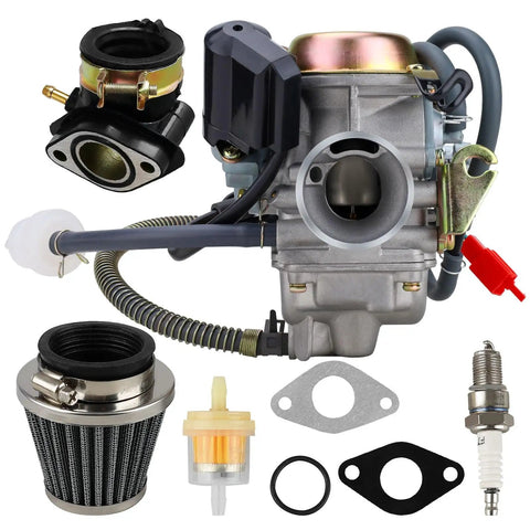 GY6 Carburetor PD24J 24mm for 125cc to 150cc 4 stroke engines with electric choke, air filter, spark plug, intake manifold.