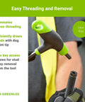 Close-up of a tool demonstrating easy threading and removal with hex key access, featuring ergonomic green handle and threading stud.