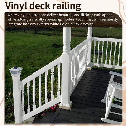 Top Shelf White Vinyl Deck Railing Balusters Colonial Style Outdoor Porch Fence Spindles on a grassy deck.