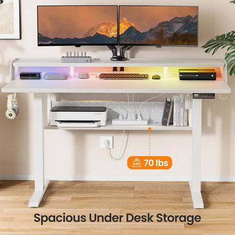 Ergonomic Electric Standing Desk 55 By 28 Inch Adjustable Sit Stand Workstation With Built In Bookshelf And Monitor Riser featuring dual monitors and LED lights.