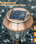 Solar Pathway Lights 6 Pack Outdoor Waterproof Garden Lighting Stainless Steel Walkway Lamps Cold White 15 Lumen LEDs With Up To 12 Hours Of Ultra Bright Night Illumination showing close-up of copper-plated top with raindrops.