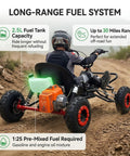 Back view of Gas Go Kart For Backyard Trails And Family Fun, EPA Compliant 63cc 2-Stroke Off Road Kart, rider on dirt trail