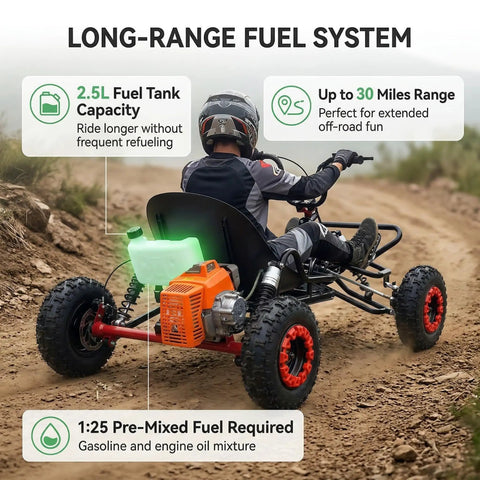 Back view of Gas Go Kart For Backyard Trails And Family Fun, EPA Compliant 63cc 2-Stroke Off Road Kart, rider on dirt trail
