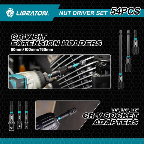 Magnetic Nut Driver Set For Impact Drills 54 Piece Kit with quick release CR-V bit extensions and adapters shown in use.