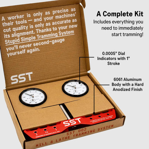 Custom Fit Mill And Lathe Tramming System For Fast No Fuss Alignment And Square Calibration With 0.0005 Inch Dial Indicators Tram And Align Tools To Fix Angular Misalignment Built Tough In The United States For Precise Powerful Machining in box with dial indicators and aluminum body