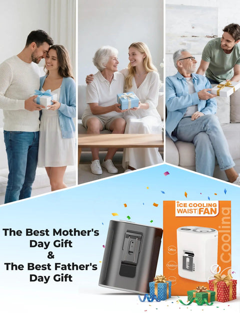 Family gifting Waist Belt Clip Cooling Fan With Ice Cooling Instant Chill To 50F, packaging visible, ideal for Mom and Dad's day.