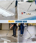 Industrial Floor Squeegee With 33.4 Inch Extra Large Blade And 63 Inch Stainless Handle For Concrete And Tough Cleaning Jobs Anti Splash Curved Baffle For Garage And Factory in use on various surfaces.