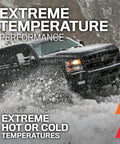 Truck driving through snow showcasing extreme temperature performance in hot or cold conditions