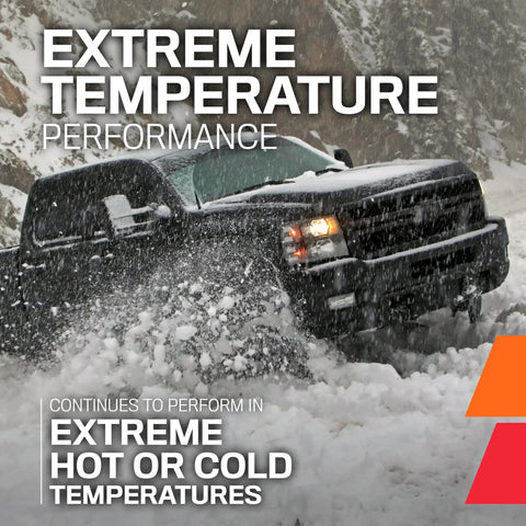 Truck driving through snow showcasing extreme temperature performance in hot or cold conditions