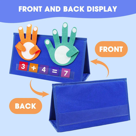 Front and back view of Hands On Preschool Math Toy Set For Toddlers And Early Learners With A Desktop Number Board shown in blue.