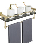 Slick Brushed Gold Glass Bathroom Shelf With Towel Bar, Wall Mounted, 8mm Tempered Glass, holding toiletries, two towels