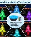 Floating Pond Fountain Pump With Lights Remote Control RGB LED 660 GPH Aerator displaying colorful spray patterns