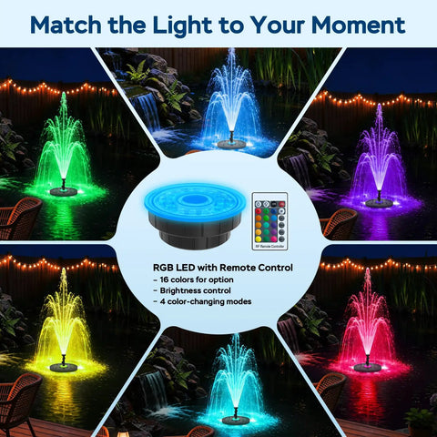 Floating Pond Fountain Pump With Lights Remote Control RGB LED 660 GPH Aerator displaying colorful spray patterns