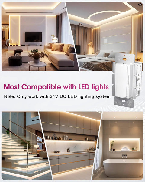 2-In-One Dimmer Light Switch With Built-In 24V 60W Dimmable LED Driver, White, for LED room lighting