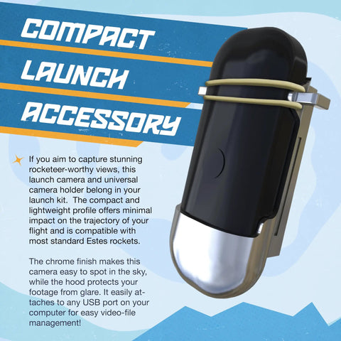 Universal Hd Rocket Camera And Solid Mount For Straight Fire Launch Footage Compact Payload Holder For Model Rocket Kits shown in angled view.