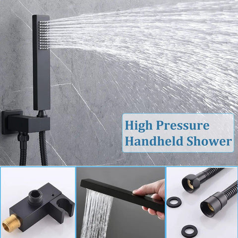 WHSHOWER Matte Black Thermostatic Shower System with Body Jets Shower Set featuring high pressure handheld shower head.
