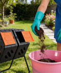 170L Outdoor Compost Tumbler With Ventilation System, kitchen scraps into pink bucket, in garden setting